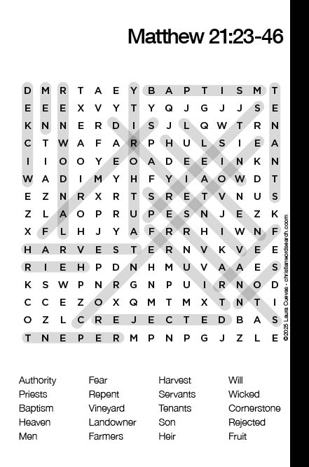 Matthew 21:23-46 Bible Word Search Solution The Word Seeker, Christian Word Search Puzzle, Bible, Matthew 21:23-46, Bible Word Search Puzzle for Adults