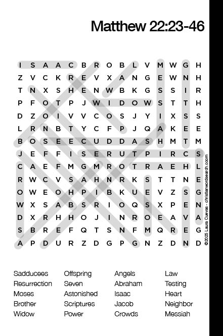 Matthew 22:23-46 Bible Word Search Solution The Word Seeker, Christian Word Search Puzzle, Bible, Matthew 22:23-46, Bible Word Search Puzzle for Adults