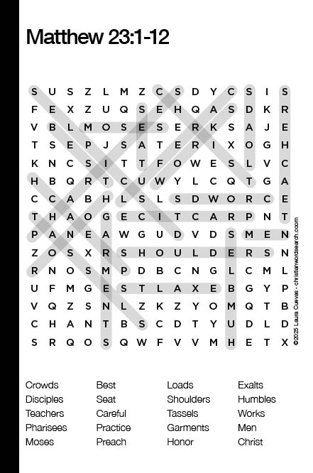 Matthew 23:1-12 Bible Word Search Solution The Word Seeker, Christian Word Search Puzzle, Bible, Matthew 23:1-12, Bible Word Search Puzzle for Adults