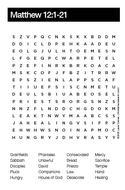 Matthew 12:1-21 Bible Word Search Puzzle The Word Seeker, Christian Word Search Puzzle, Bible, Matthew 12:1-21, Bible Word Search for Adults