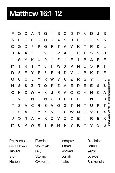 Matthew 16_1-12 Bible Word Search Puzzle The Word Seeker, Christian Word Search Puzzle, Bible, Matthew 16:1-12, Bible Word Search for Adults