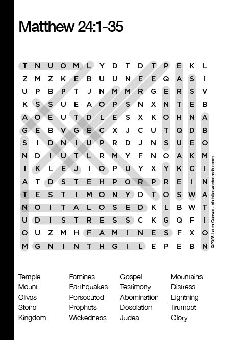 Matthew 24:1-35 Bible Word Search Solution The Word Seeker, Christian Word Search Puzzle, Bible, Matthew 24:1-35, Bible Word Search Puzzle for Adults