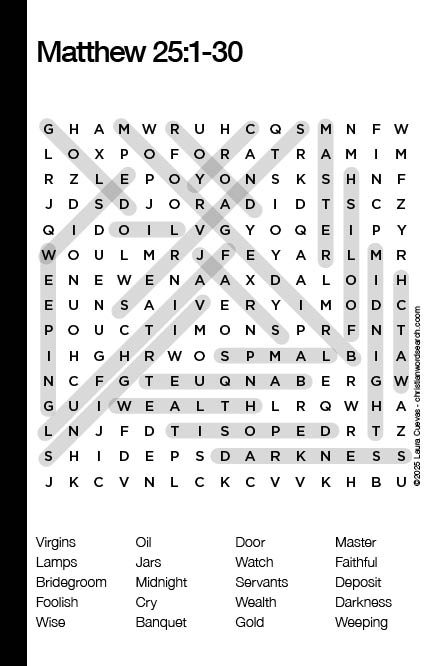 Matthew 25:1-30 Bible Word Search Puzzle Solution The Word Seeker, Christian Word Search Puzzle, Bible, Matthew 25:1-30, Bible Word Search Puzzle for Adults