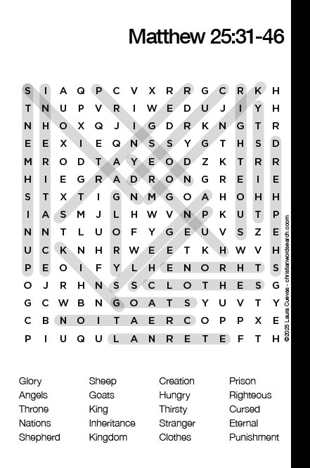 Matthew 25:31-46 Bible Word Search Puzzle Solution The Word Seeker, Christian Word Search Puzzle, Bible, Matthew 25:31-46, Bible Word Search Puzzle for Adults