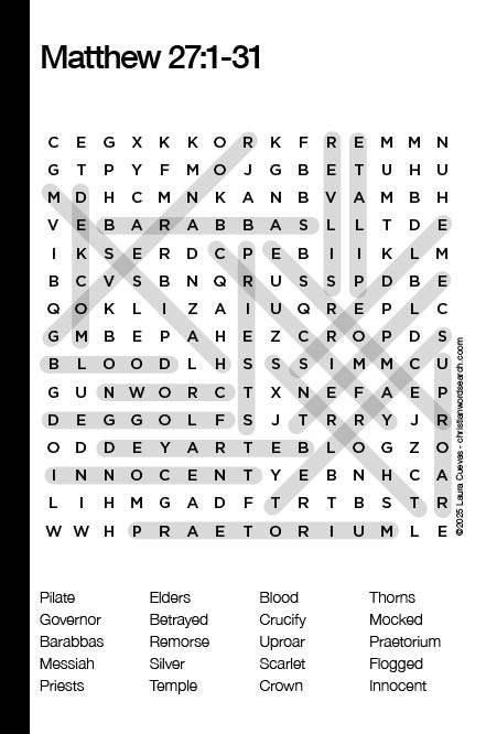 Matthew 27:1-31 Bible Word Search Puzzle Solution The Word Seeker, Christian Word Search Puzzle, Bible, Matthew 27:1-31, Bible Word Search Puzzle for Adults