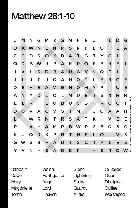 Matthew 28:1-10 Bible Word Search Puzzle Solution The Word Seeker, Christian Word Search Puzzle, Bible, Matthew 28:1-10, Bible Word Search Puzzle for Adults