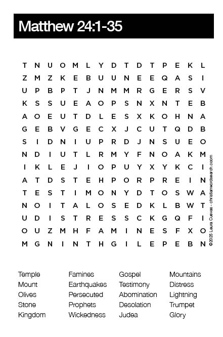 Matthew 24:1-35 Bible Word Search Solution The Word Seeker, Christian Word Search Puzzle, Bible, Matthew 24:1-35, Bible Word Search for Adults
