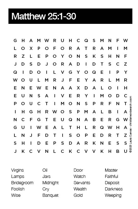 Matthew 25:1-30Bible Word Search Puzzle The Word Seeker, Christian Word Search Puzzle, Bible, Matthew 25:1-30, Bible Word Search for Adults