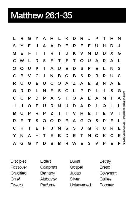 Matthew 26:1-35 Bible Word Search Puzzle The Word Seeker, Christian Word Search Puzzle, Bible, Matthew 26:1-35, Bible Word Search for Adults