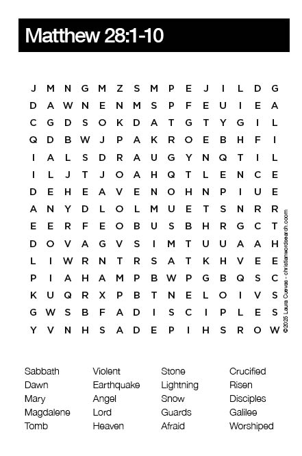 Matthew 28:1-10 Bible Word Search Puzzle The Word Seeker, Christian Word Search Puzzle, Bible, Matthew 28:1-10, Bible Word Search for Adults